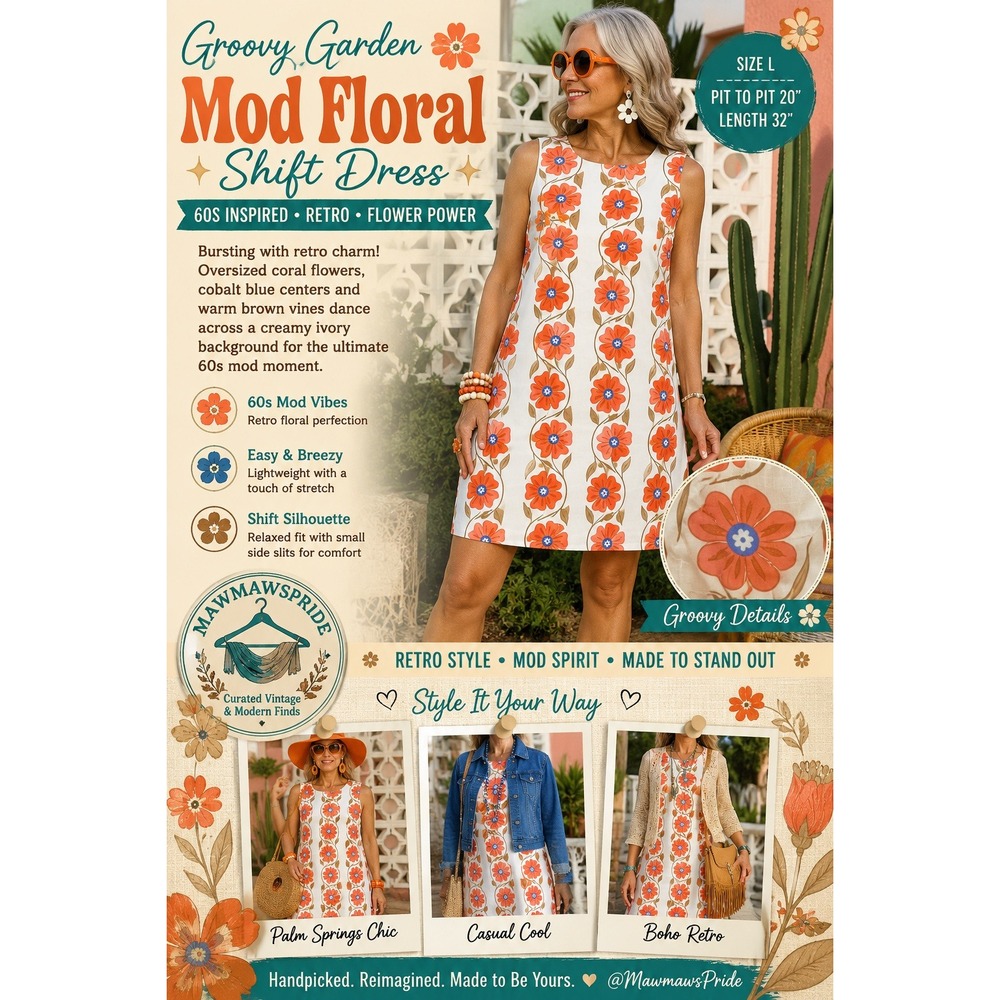 Groovy Garden Mod Floral Shift Dress 60s Inspired Retro Flower Power Large